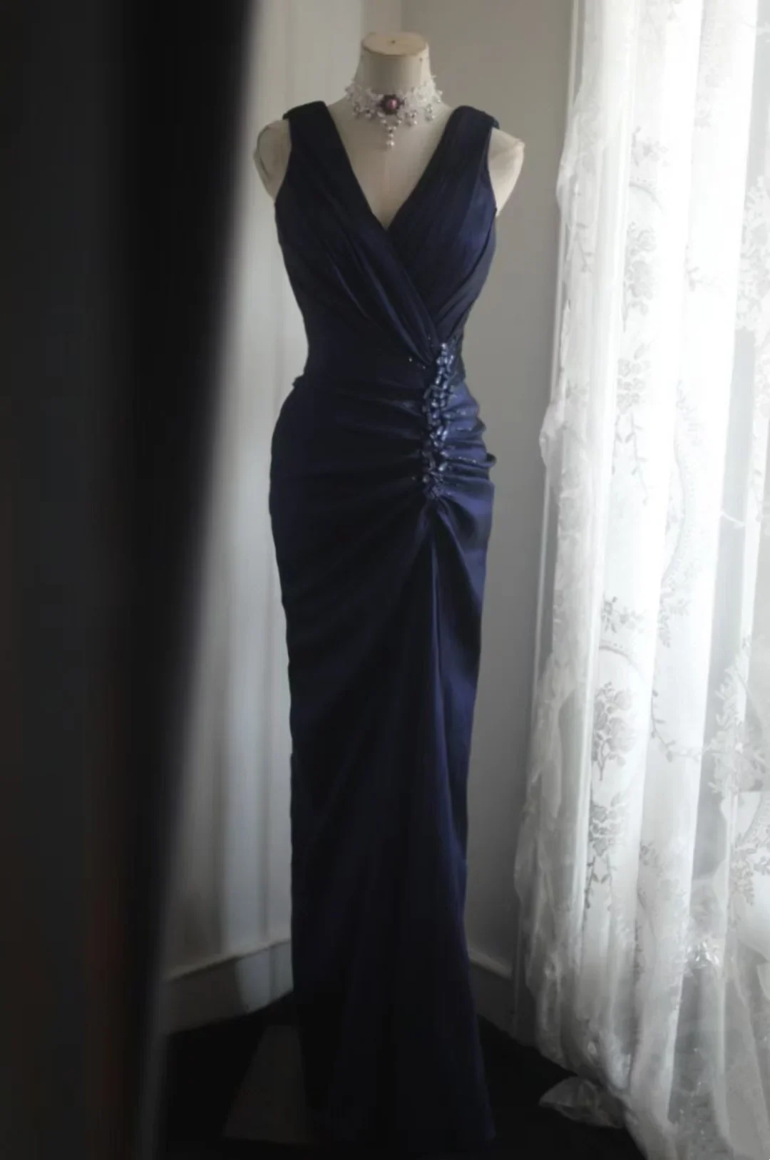 V-Neck Ruched Satin Mermaid Prom Dress with Beaded Waist Detail and Deep V-Back