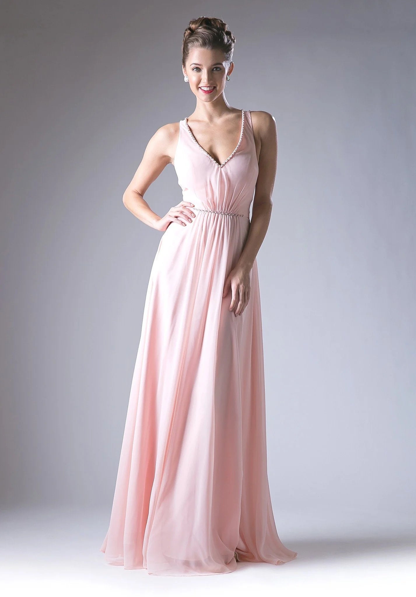 V Neck Coral Pink Chiffon Evening Dresses with Beaded Straps and Waist Belt