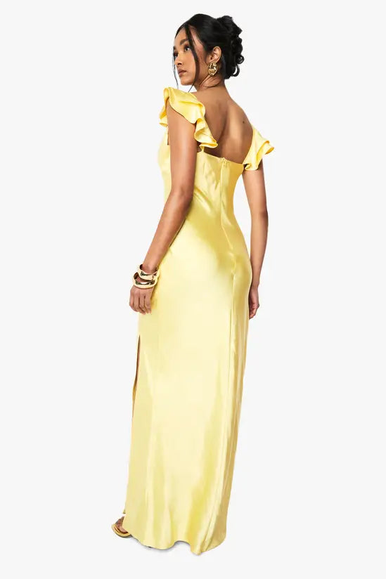 Vibrant Lemon Yellow Satin Sweetheart Neckline Maxi Dress with Ruffled Cap Sleeves and High Side Slit, Prom Dress