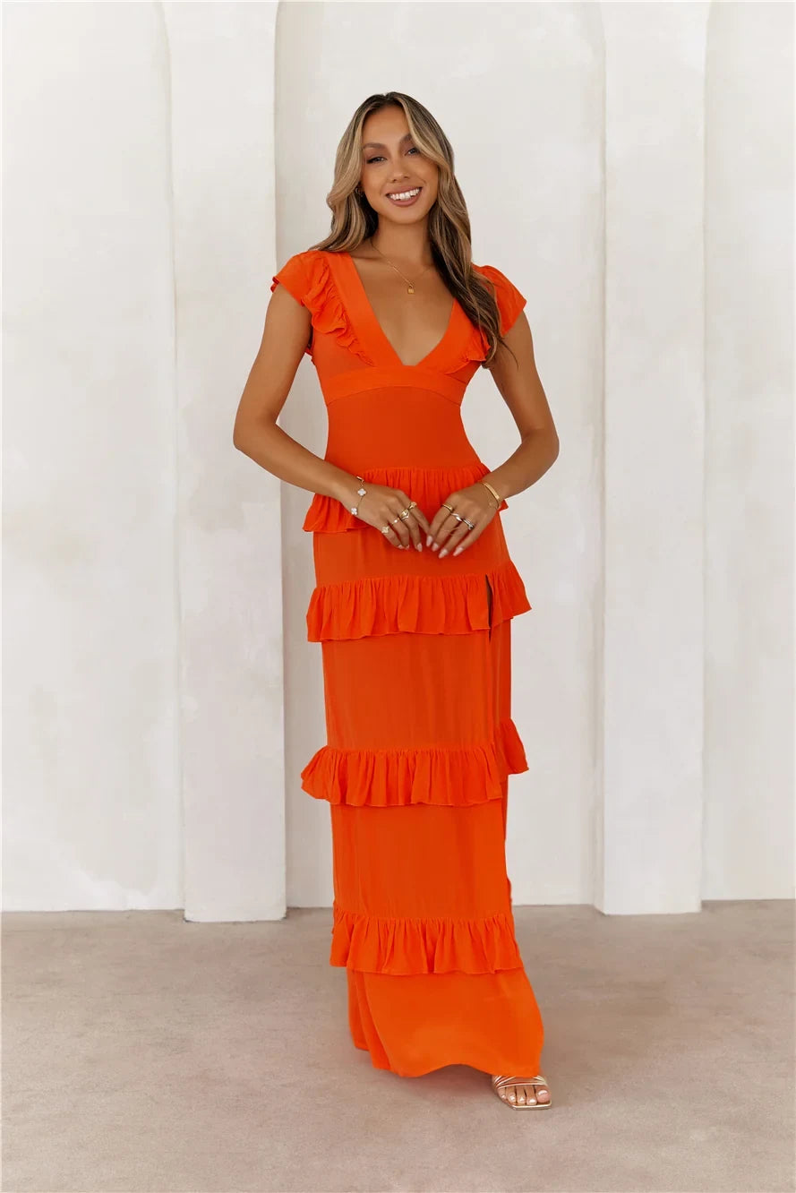 Vibrant A-Line V-Neck Ruffled Orange Maxi Prom Dress for Women