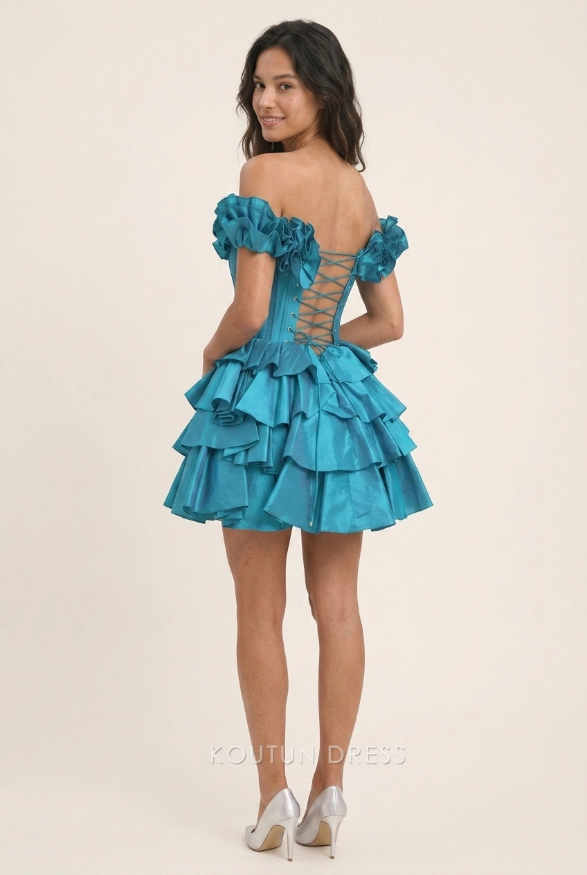 Vibrant Fit-and-Flare Off-Shoulder Ruffled Corset Teal Mini Homecoming Dresses