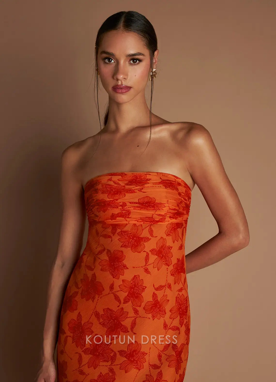 Vibrant Sheath Strapless Floral Ruched Orange Floor-Length Prom Dress