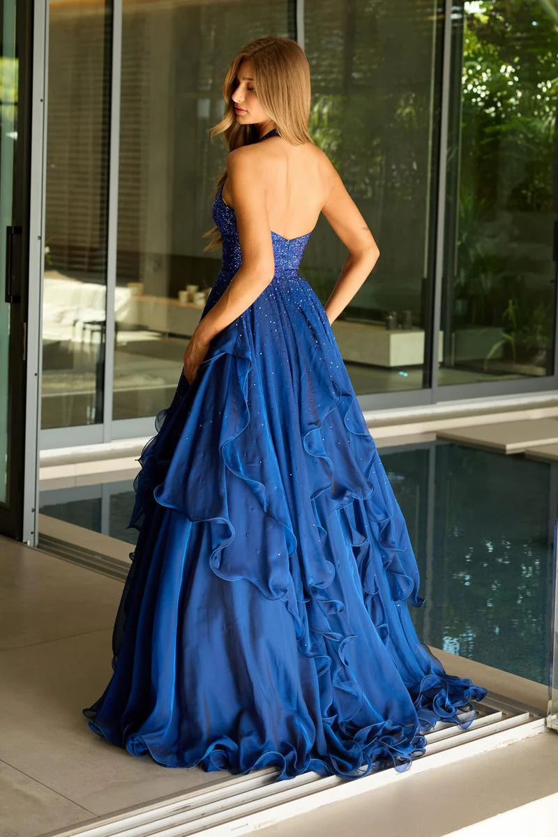 Whimsical Ballgown Halter Neck Ruffled Beaded Long Prom Dress in Blue for Formal Events