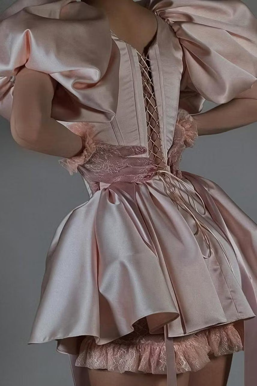 Whimsical A-Line Square Neck Puffy Sleeve Corset Ruffled Blush Pink Short Homecoming Dress