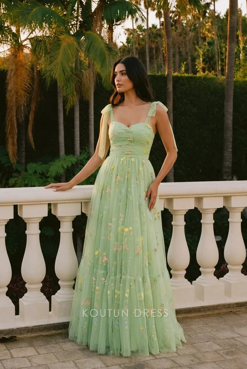 Whimsical A-Line Sweetheart Sleeveless Floral Tiered Mint Green Floor-Length Prom Gown