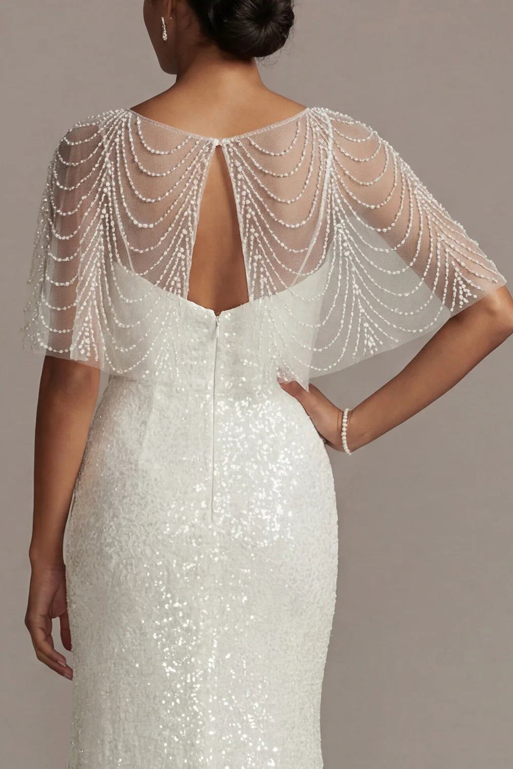 White Beaded Cape Prom Dress With Sequin Mermaid Skirt Formal Prom Dress
