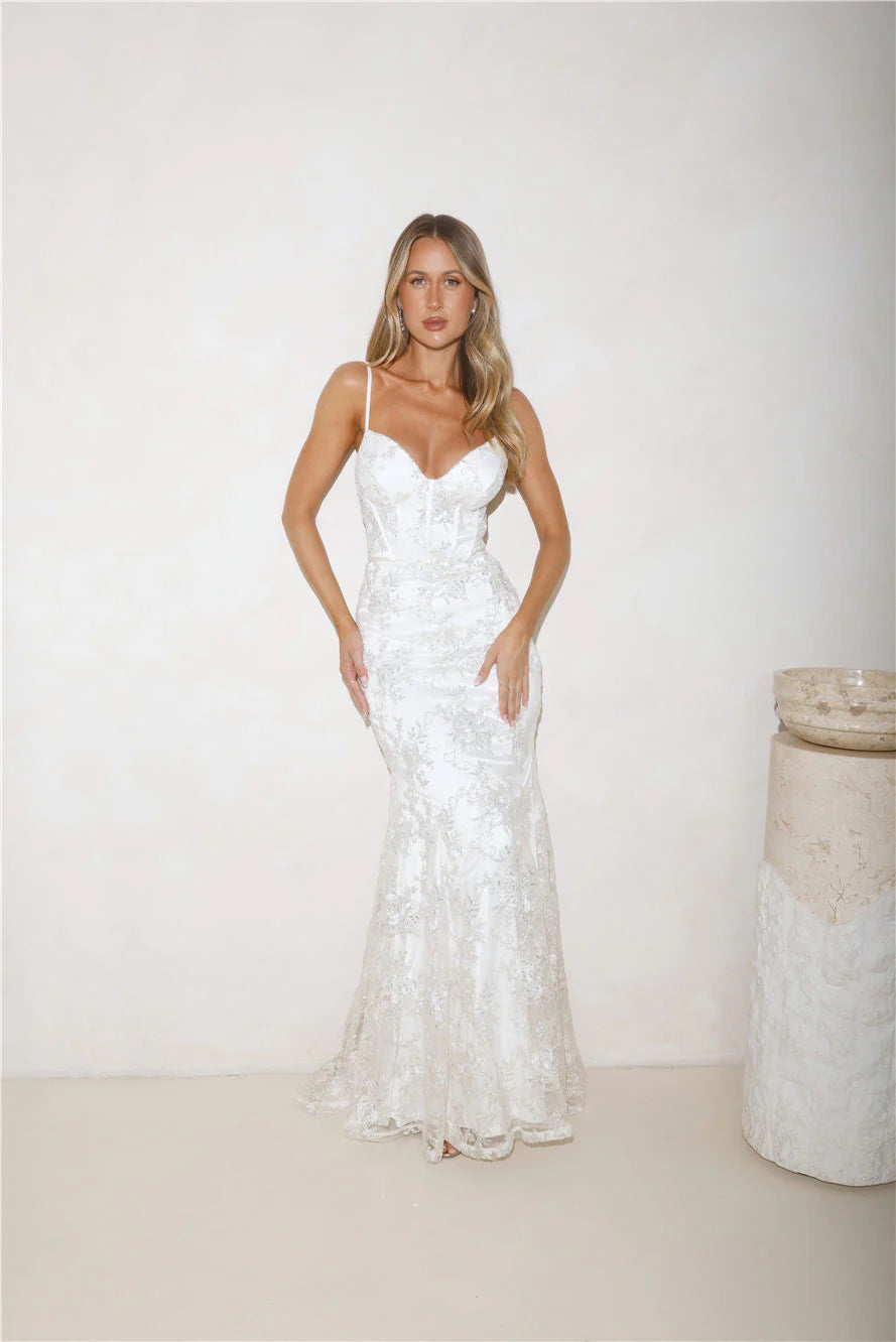 White Evening Dresses with Sequin Lace Bustier Thin Straps Lace Up Back Mermaid Train and Fitted Bodice