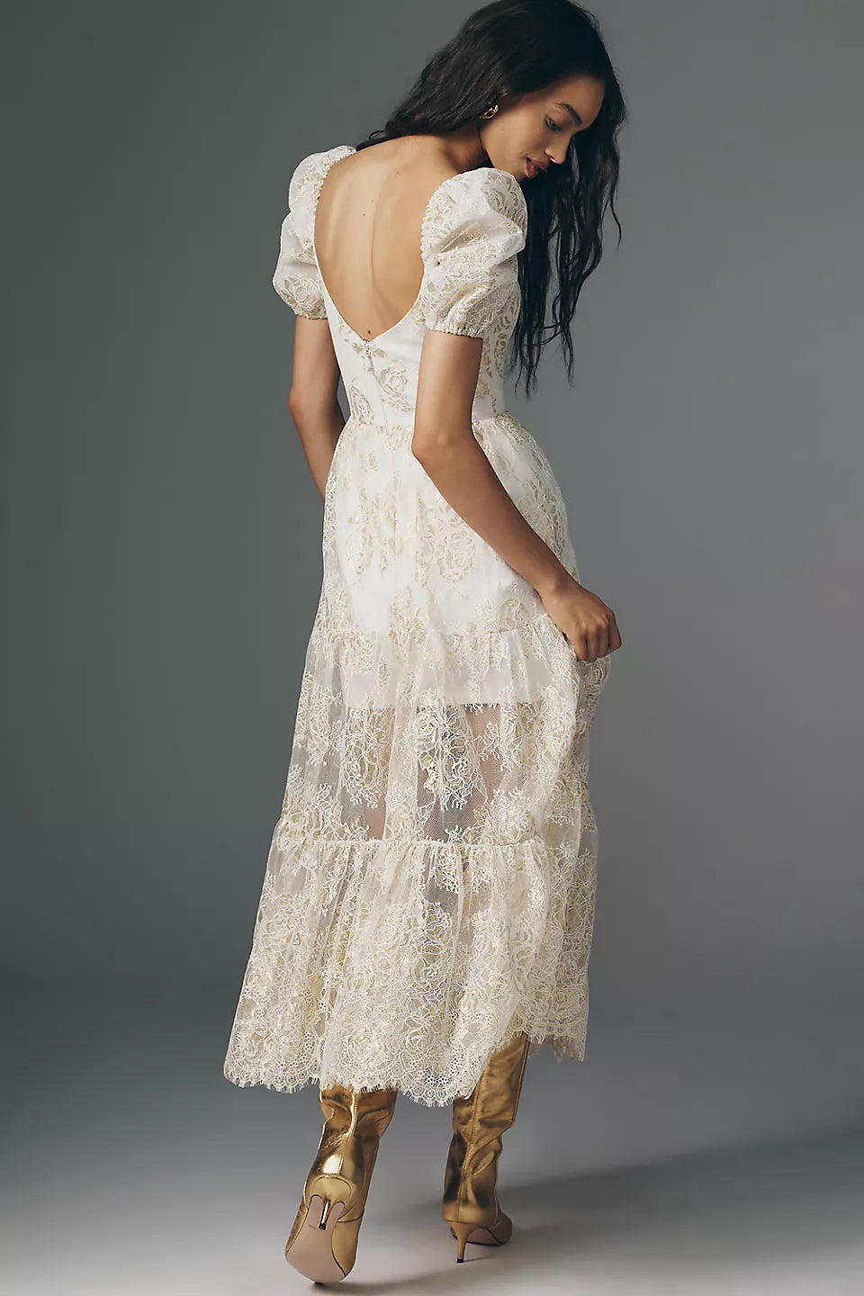 White Gold Floral Lace Puff Sleeve Square Neck Tiered Midi Prom Dress