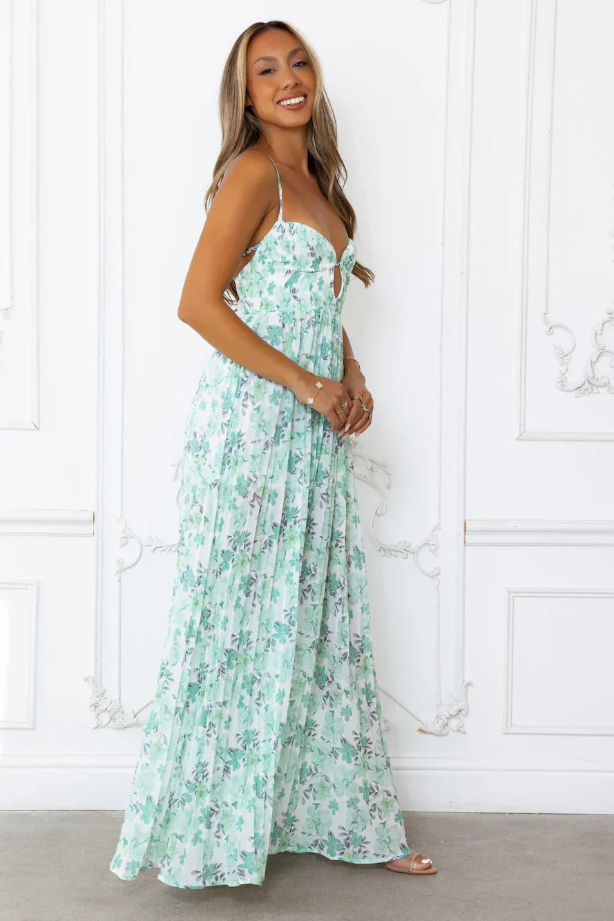 White Green Floral Print Spaghetti Strap Keyhole Cutout Smocked Waist Floor Length Formal Evening Prom Dress