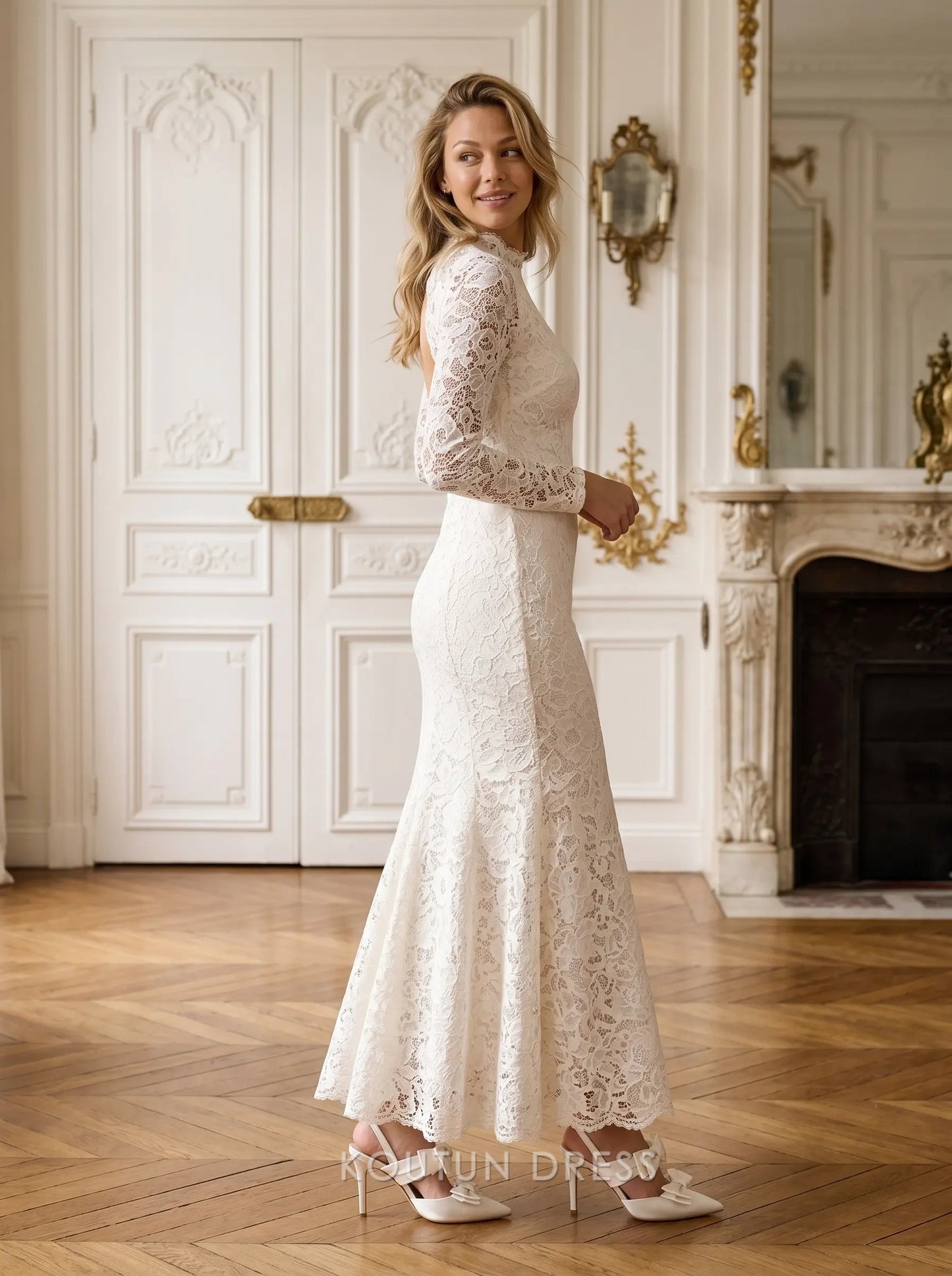 White High Neck Long Sleeve Open Back Floral Lace Mermaid Floor Length Formal Evening Prom Dress