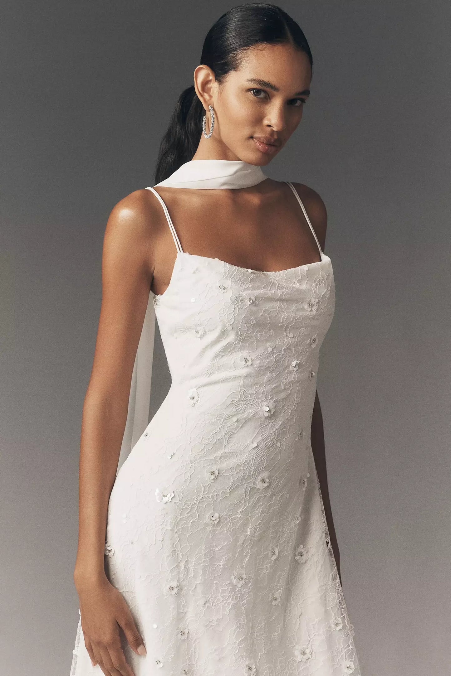 White Lace Beaded Floral Embroidered Scarf Strap Square Neck Midi Prom Dress