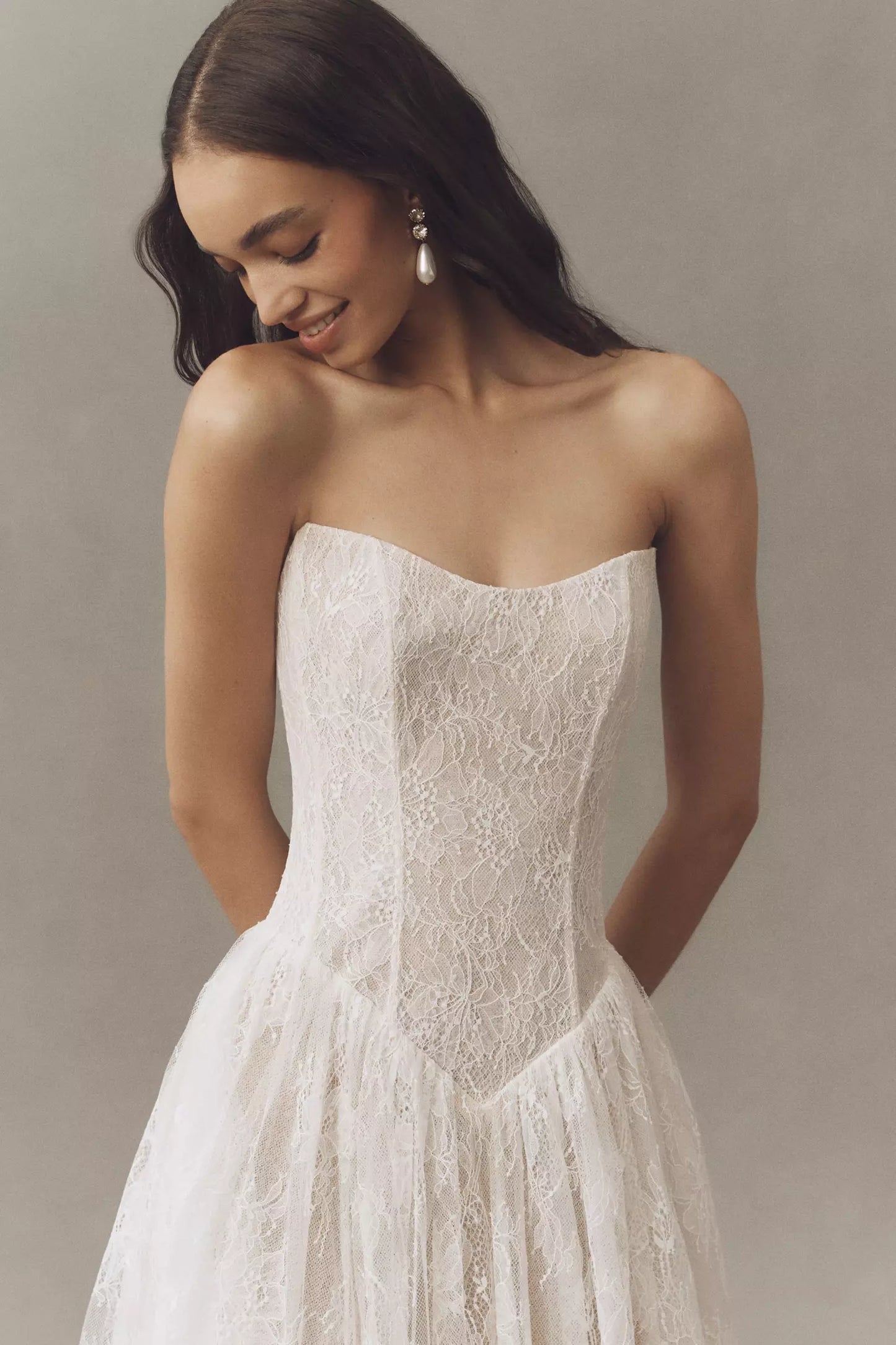 White Lace Strapless Sweetheart Neck Corset Bodice Tulle Midi Prom Dress