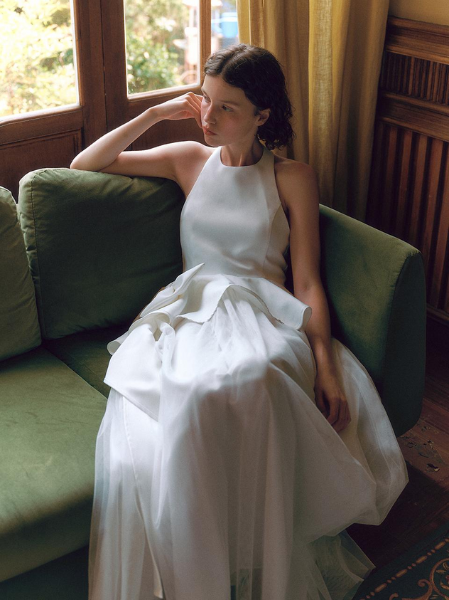 White Satin Tulle A Line Halter Neck Bow Detail Asymmetrical Peplum Floor Length Formal Evening Prom Dress