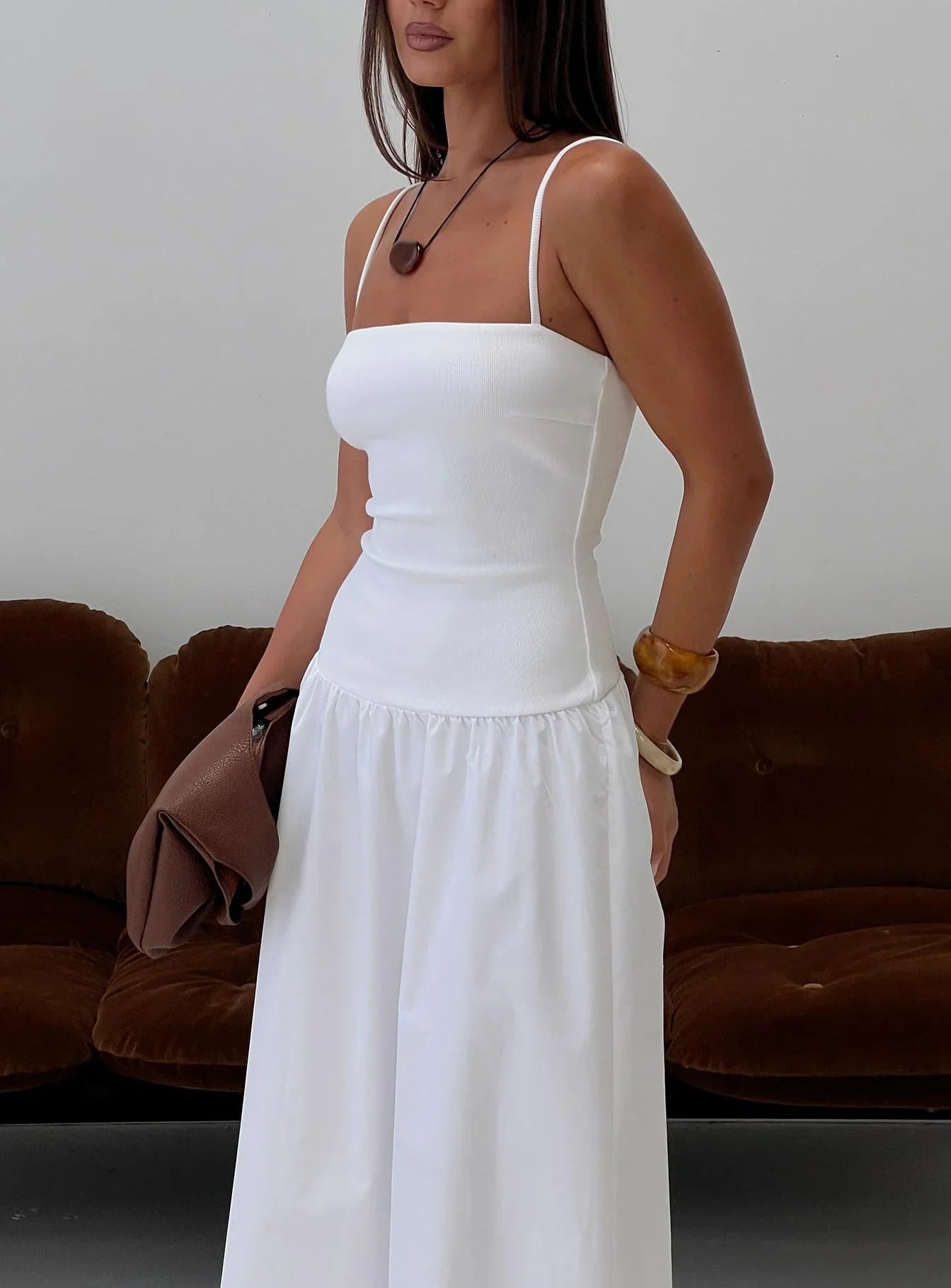 White Spaghetti Strap Prom Dress with Square Neckline and Tiered Skirt for Formal Events and Prom Nights