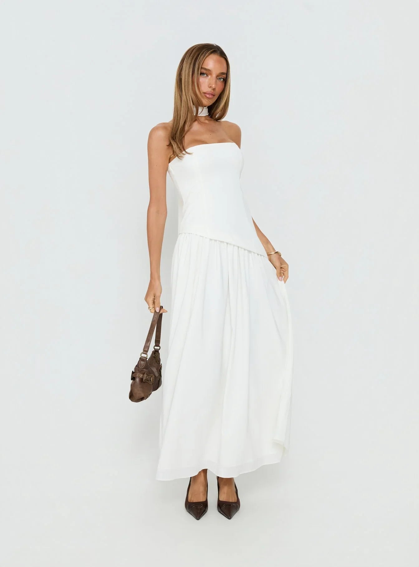 White Strapless Prom Dress with Choker Neckline Asymmetrical Bodice and Flowy Maxi Skirt for Formal Events and Prom Nights