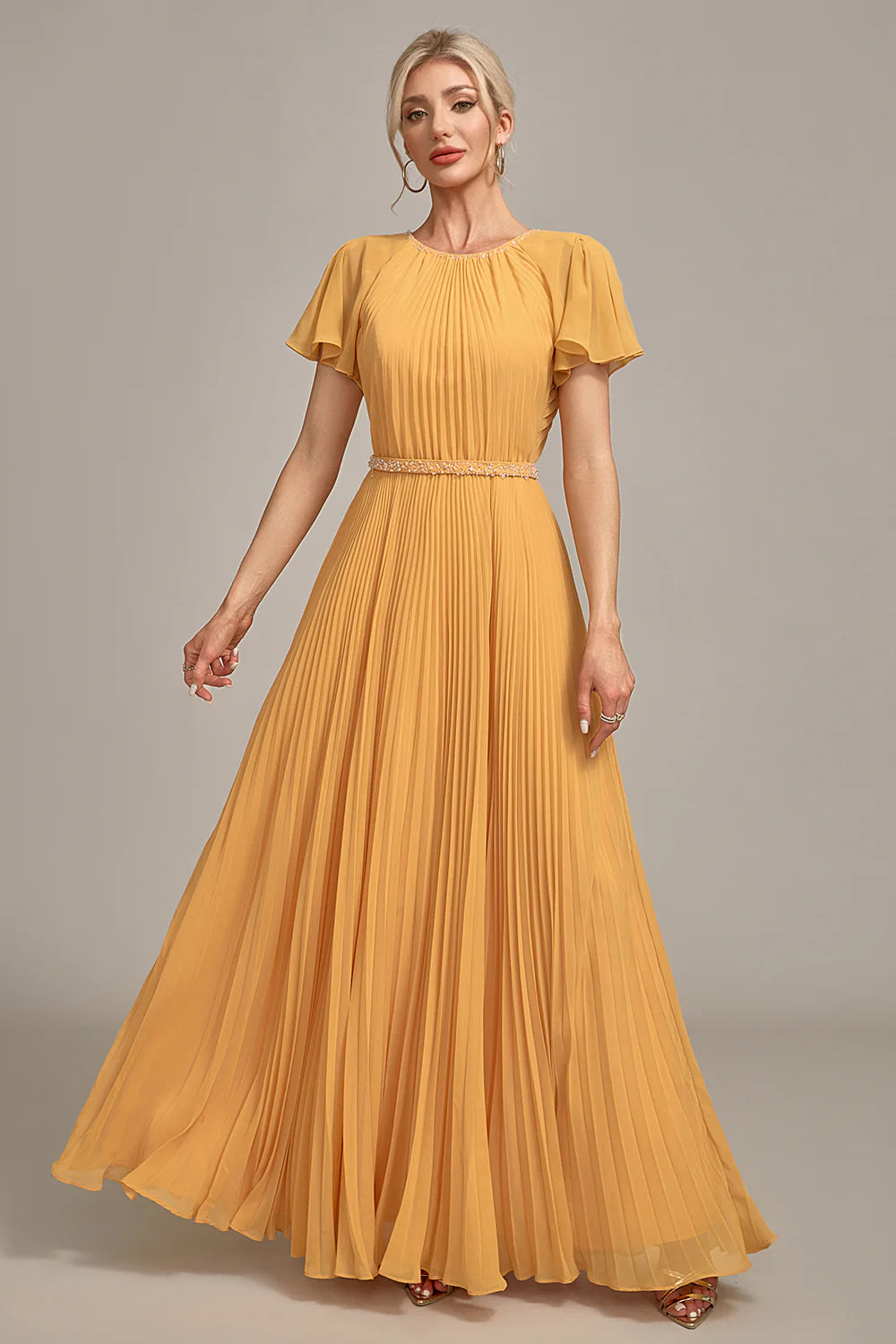 yellow mother of the bride dress Yellow A-Line Round Neck Pleated Mother of Bride Dress With Short Slee – Koutun Dress