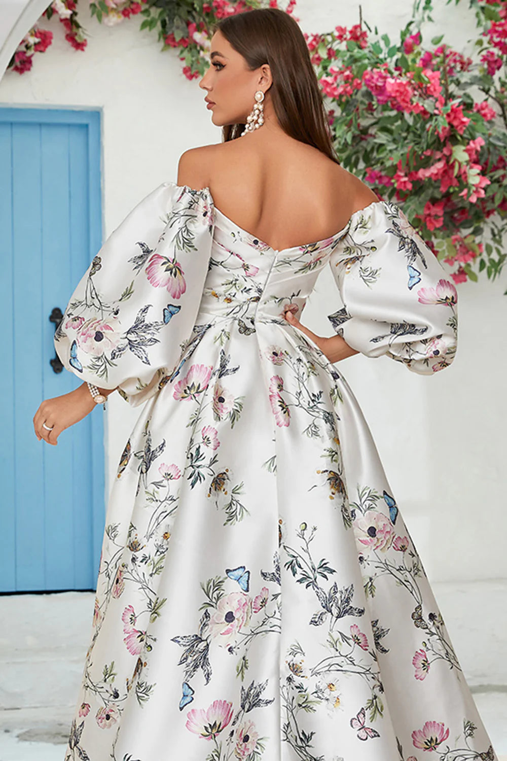Ivory Floral Satin Chapel Train Wedding Dress With Slit