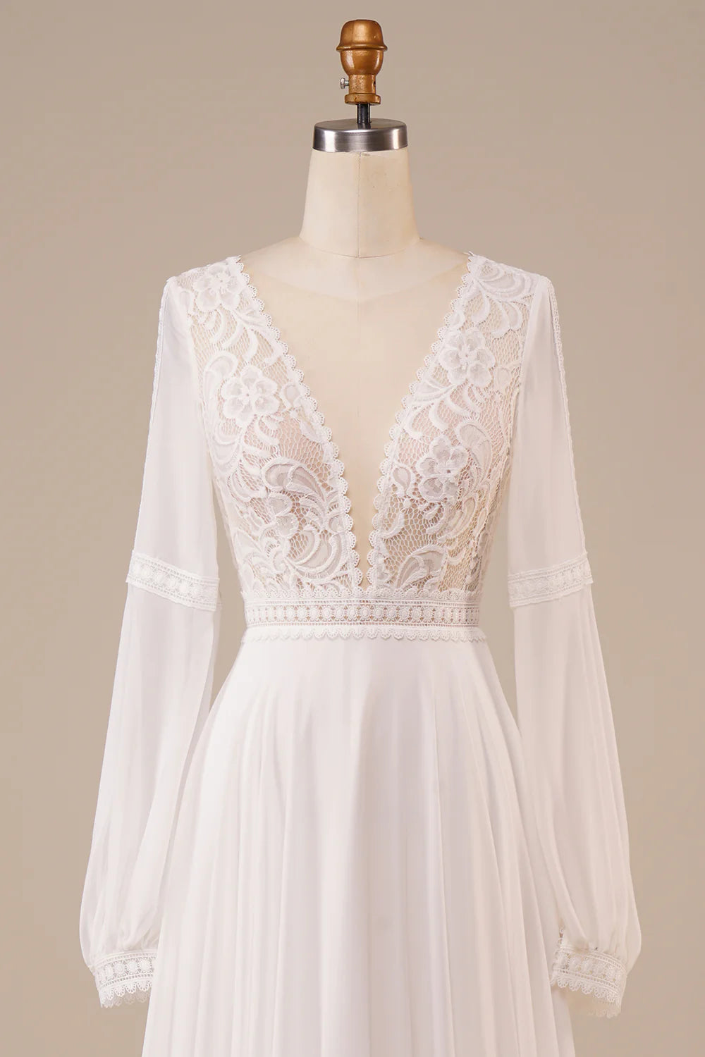 Long Sleeves Ivory Wedding Dress with Lace V-Neck Long Dress