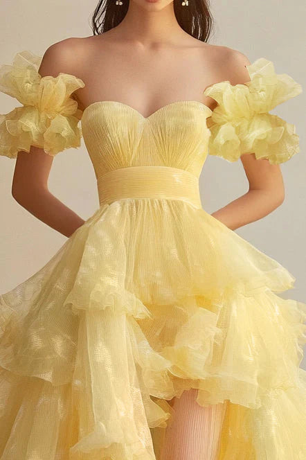 Yellow Off The Shoulder Prom Dress With Ruffled Sleeves And High Low Tiered Tulle Skirt For Formal Evening Party