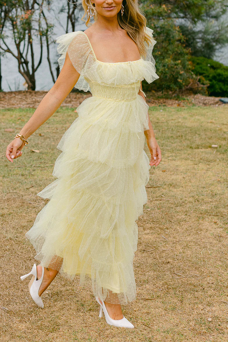 Yellow Off The Shoulder Ruffled Dotted Tulle Tiered A Line Prom Dress