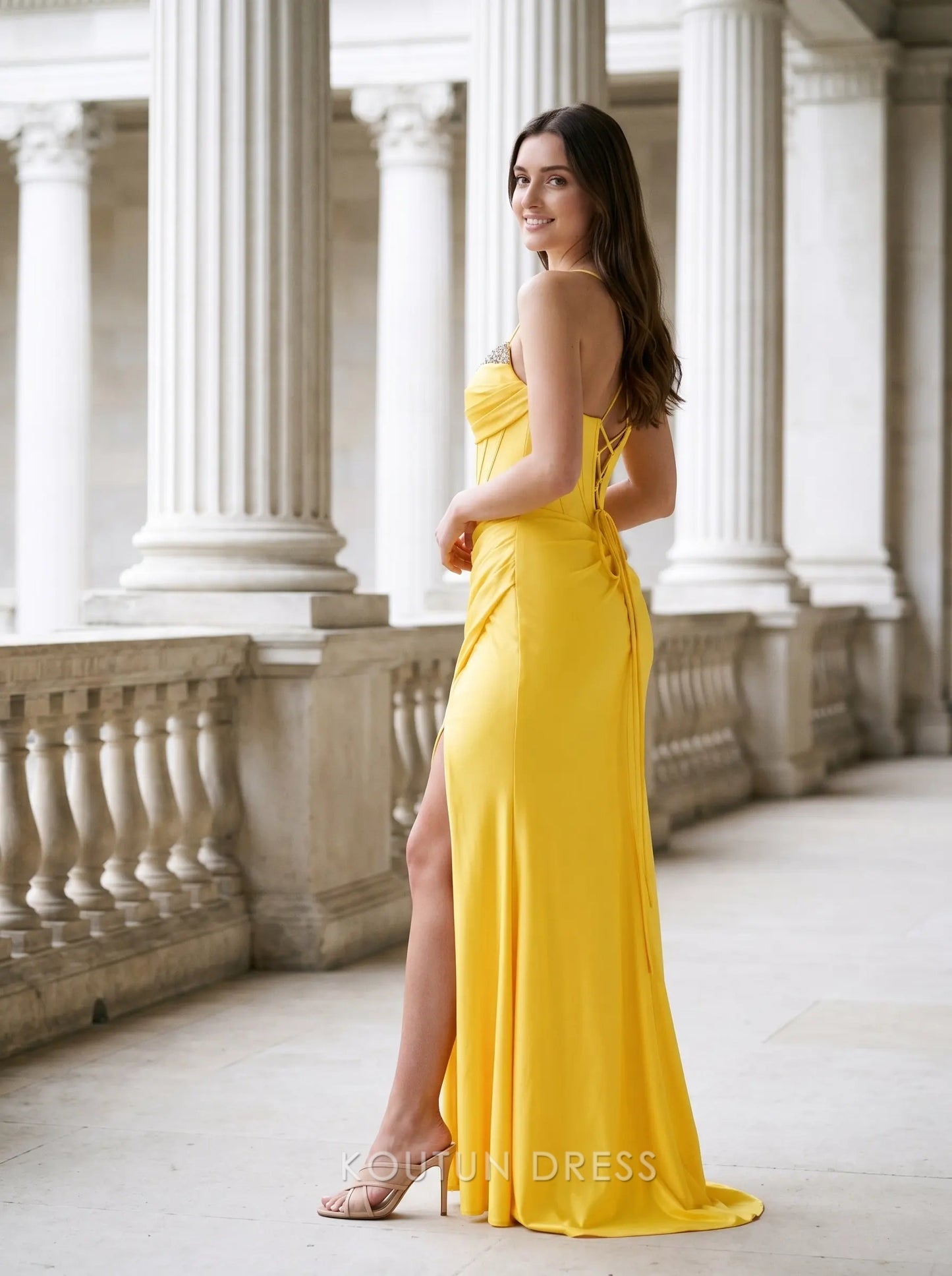 Yellow Spaghetti Strap Sweetheart Neck Rhinestone Trim Corset Lace Up Back High Slit Satin Floor Length Formal Evening Prom Dress
