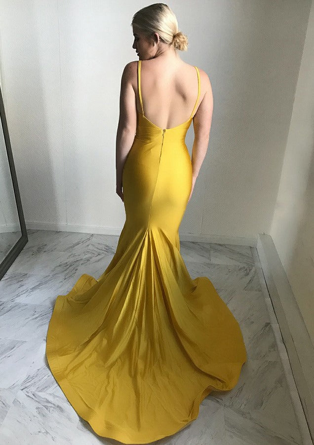 Yellow Spaghetti Strap V Neck Ruched Mermaid Long Formal Evening Prom Dress