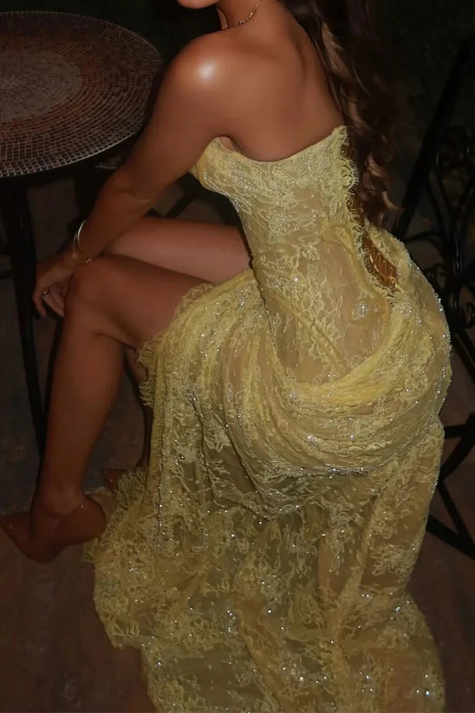 Yellow Strapless Lace Prom Dress with High Slit for Formal Events and Prom Nights
