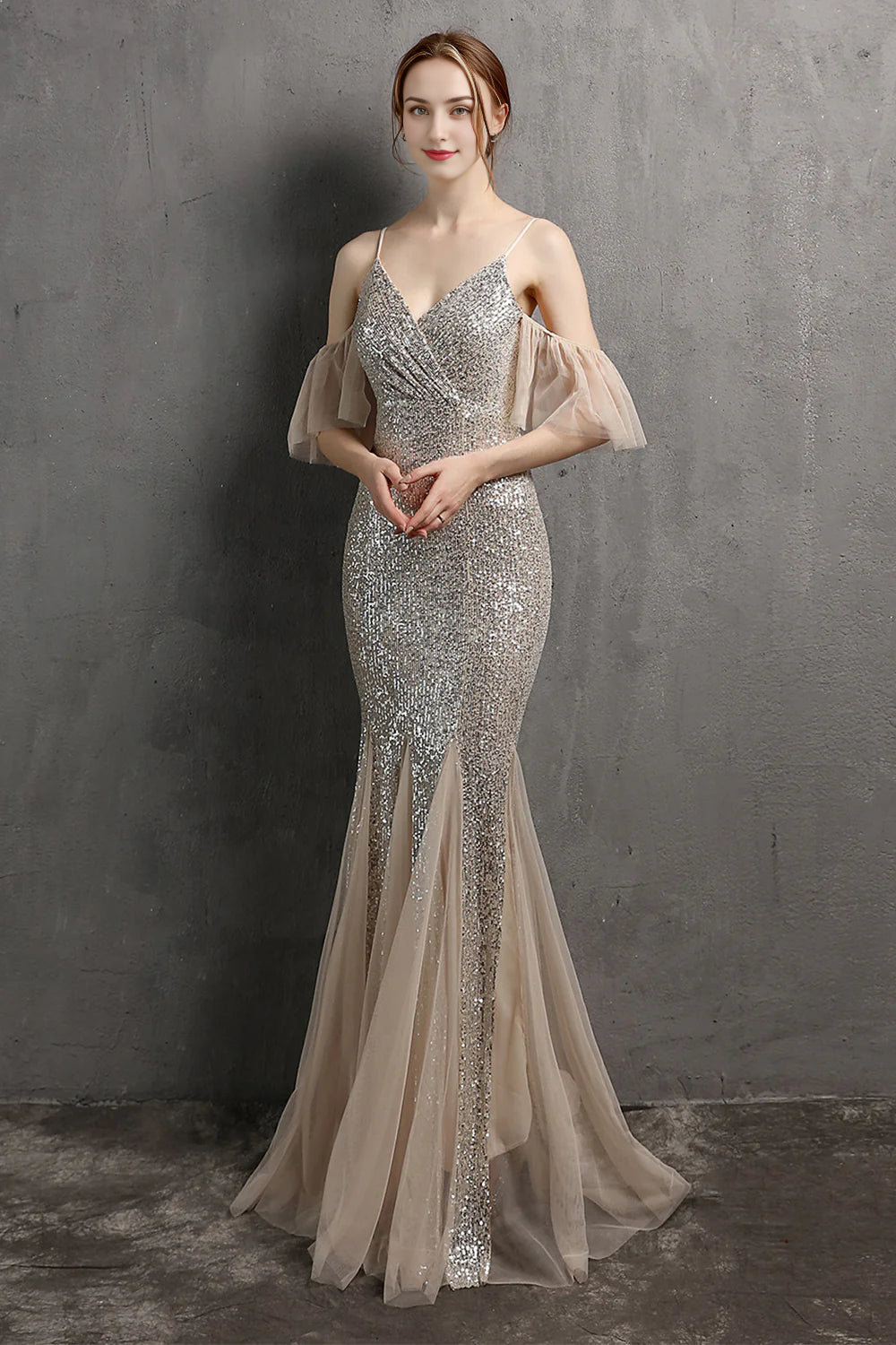 Champagne Sequin Long Prom Dress with Ruffles Koutun Dress Champagne Sequin Long Prom Dress with Ruffles Koutun Dress