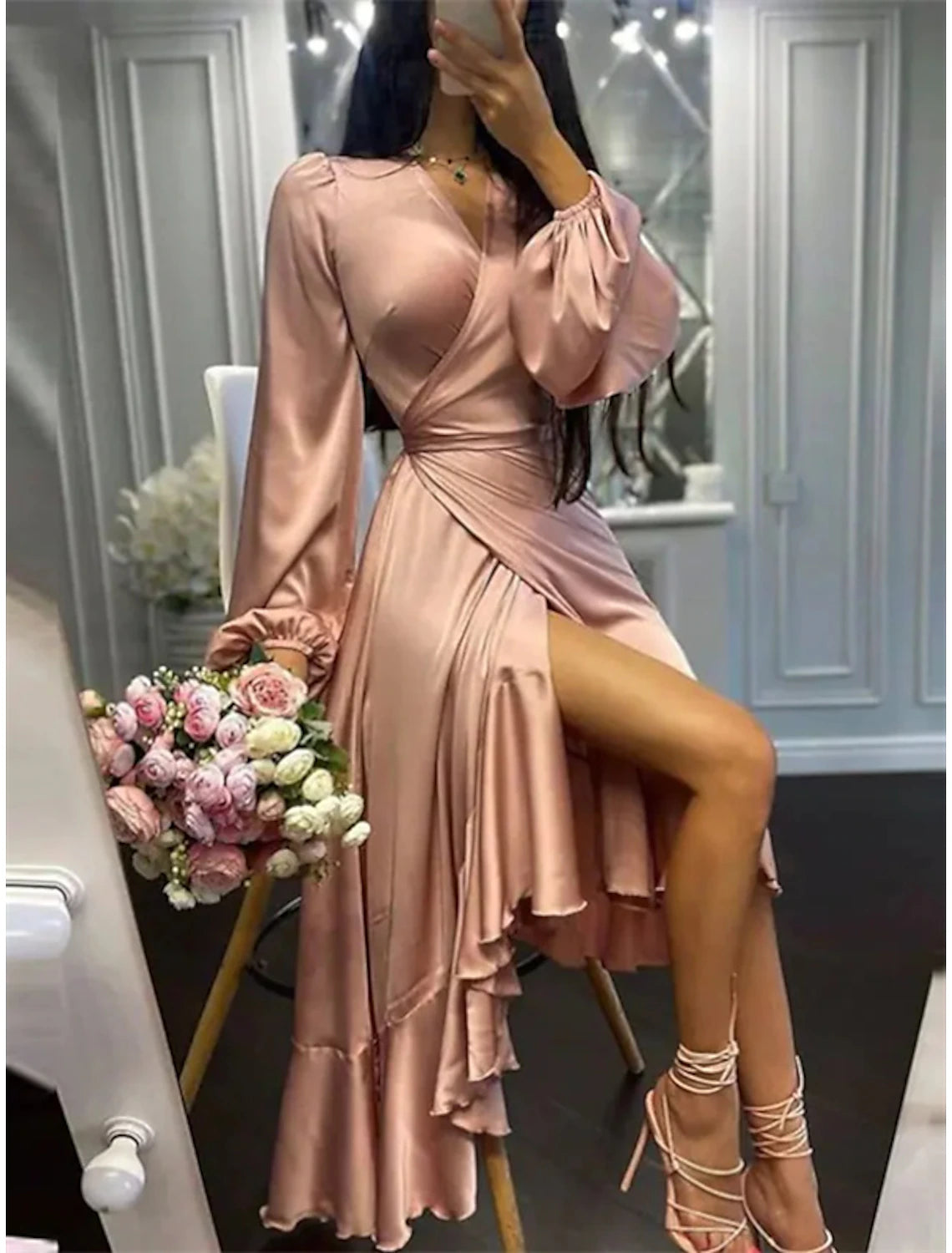 A-Line Wedding Guest Dresses High Low Dress Party Wear Semi Formal Asymmetrical Long Sleeve V Neck Satin with Ruffles Pure Color