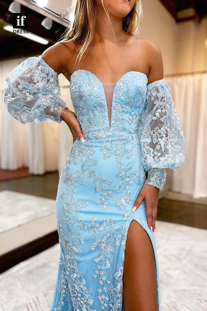 Cute Mermaid Sweetheart Light Blue Lace Long Prom Dresses