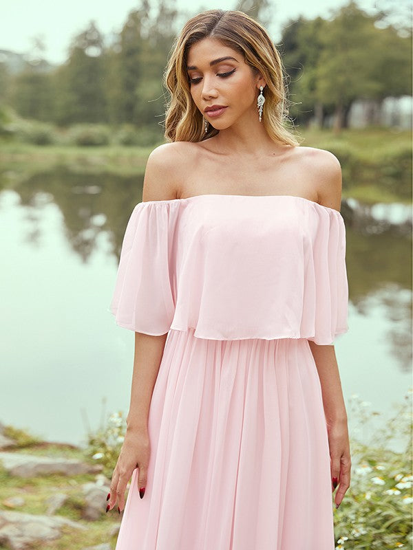 A-Line/Princess Chiffon Ruffles Off-the-Shoulder Short Sleeves Sweep/Brush Train Bridesmaid Dresses