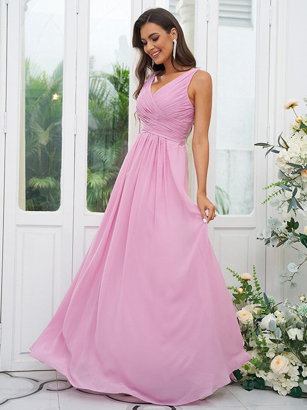 A-Line/Princess Chiffon Ruffles V-neck Sleeveless Floor-Length Bridesmaid Dresses