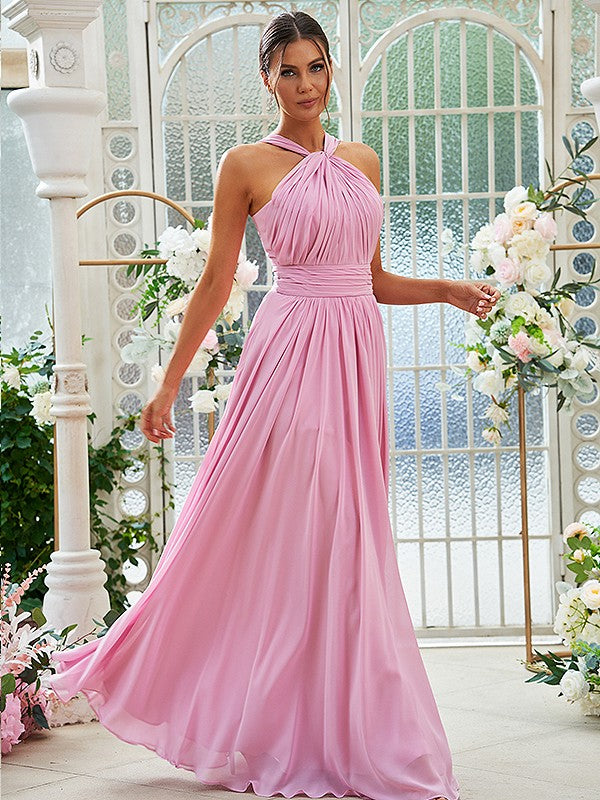 A-Line/Princess Chiffon Ruched Halter Sleeveless Floor-Length Bridesmaid Dresses