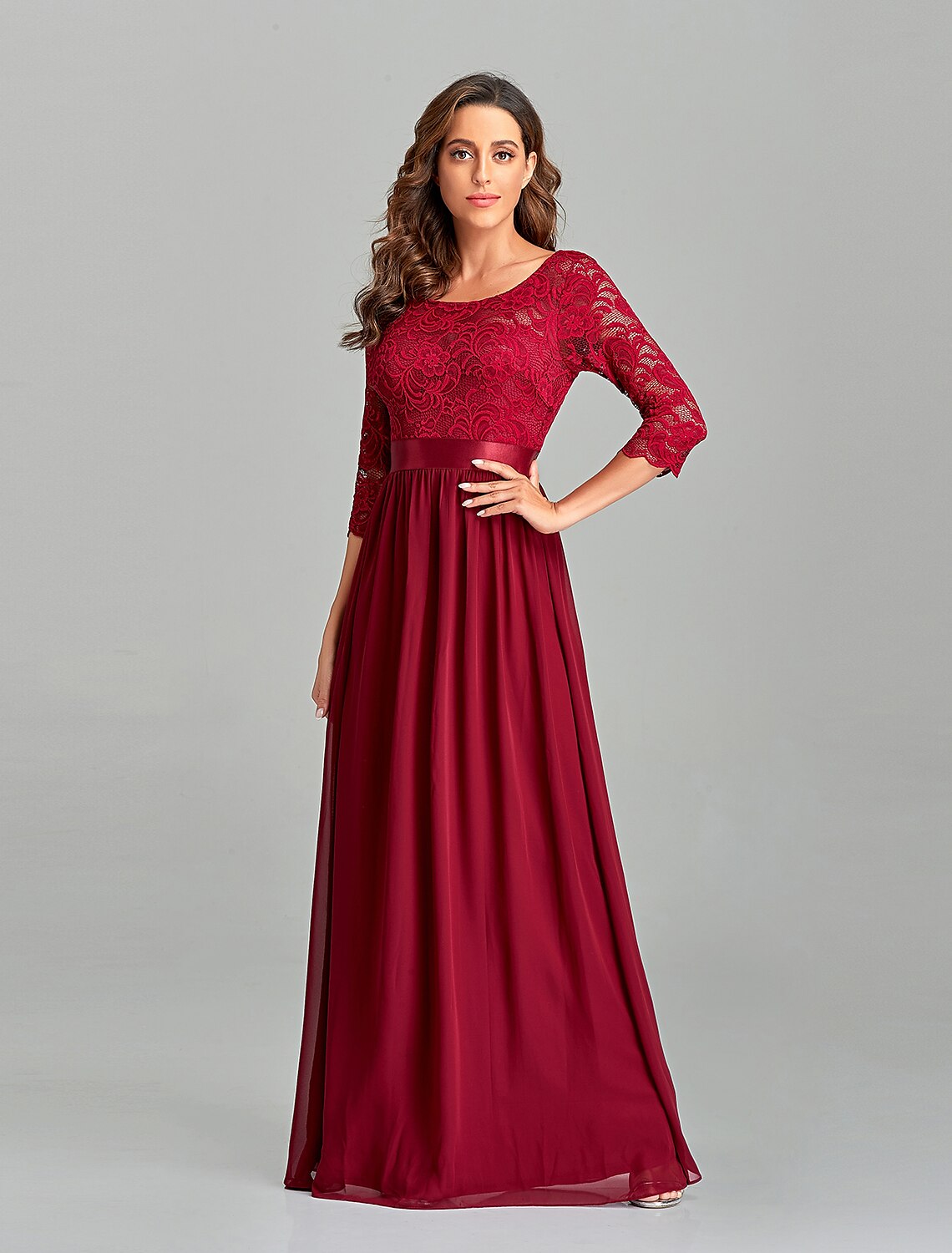 A-Line Evening Gown Beautiful Back Dress Prom Floor Length Half Sleeve Jewel Neck Chiffon V Back with Lace Insert