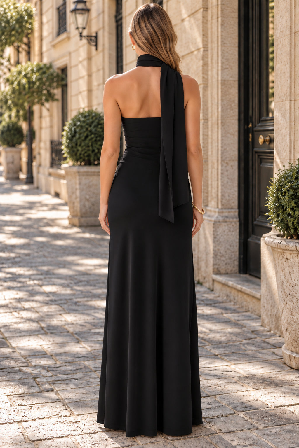 Black Chiffon Sheath Halter Wrap Open Back Floor Homecoming Dress