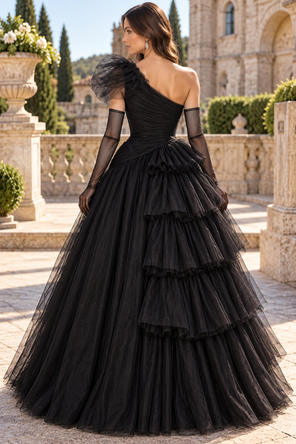Black Ballgown One Shoulder Tiered Tulle Floor Evening Dresses