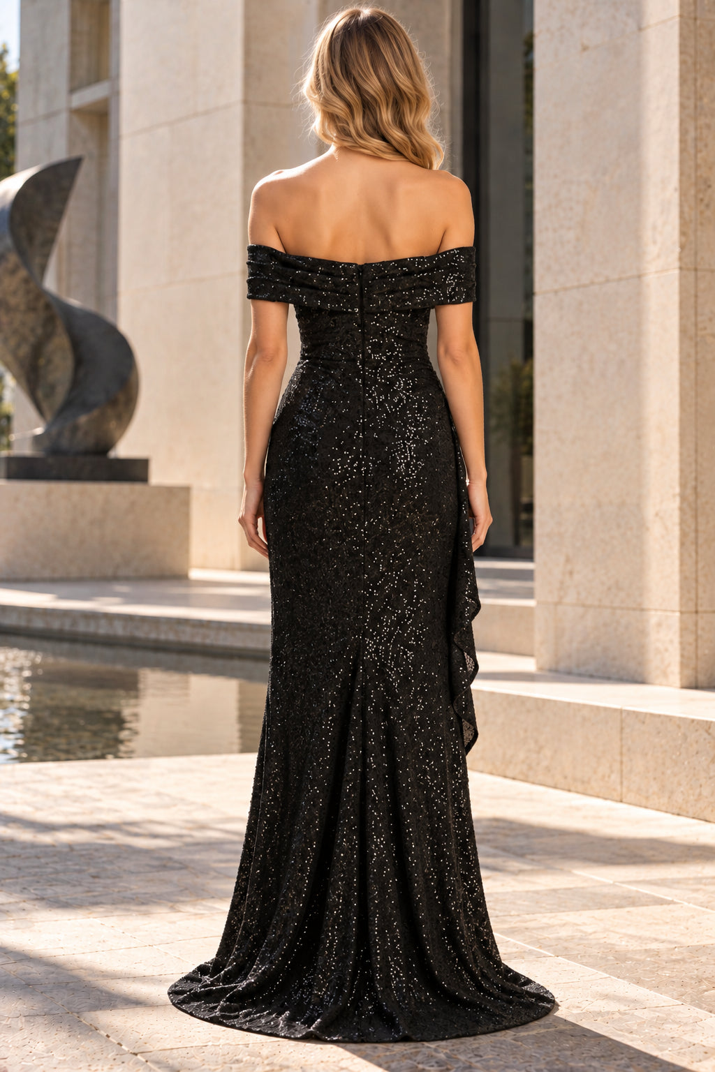 Sequin Mermaid Off-Shoulder Sweetheart Cuff-Sleeve Zipper Floor Prom Gown