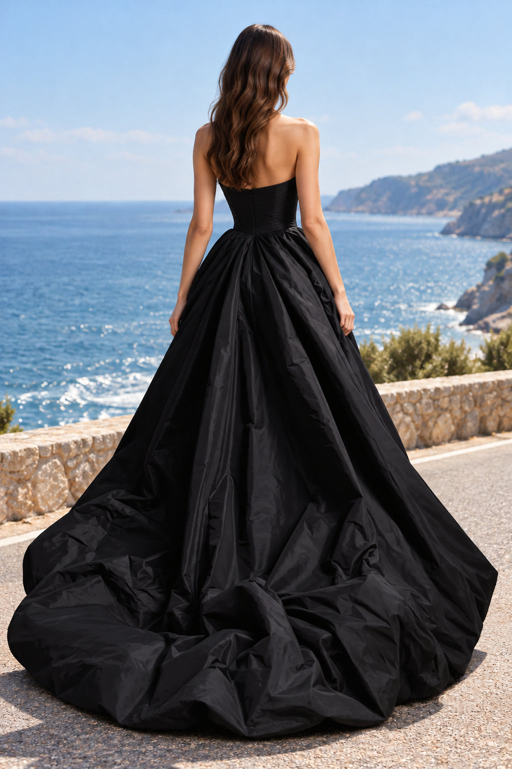 Black A-Line Sweetheart Strapless Zipper Train Prom Homecoming Gown