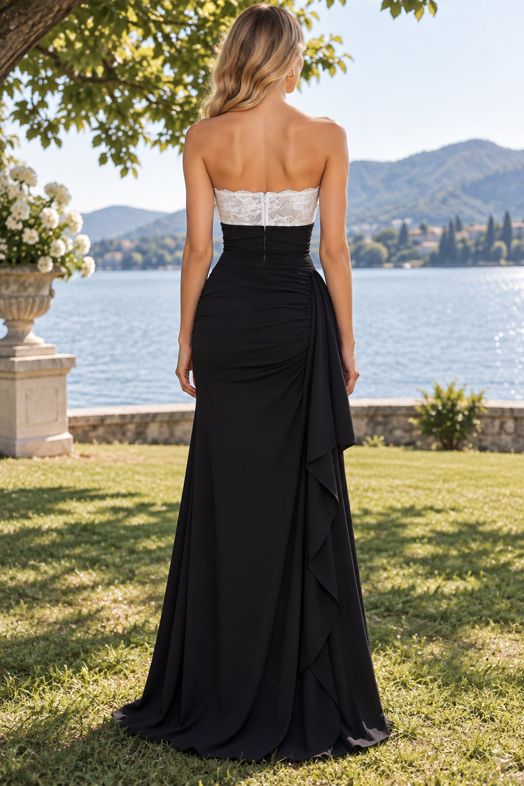 Black Strapless White Lace Bodice Ruched High Slit Evening Gown