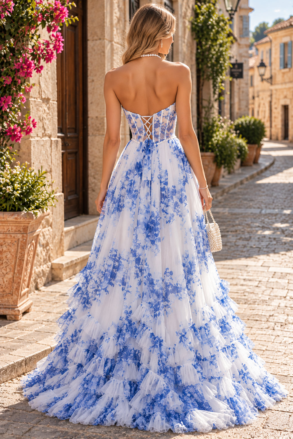 Blue Floral Pearl Trim Halter Sheer Corset Tiered Ruffled Tulle High Slit Floor Length Evening Gown