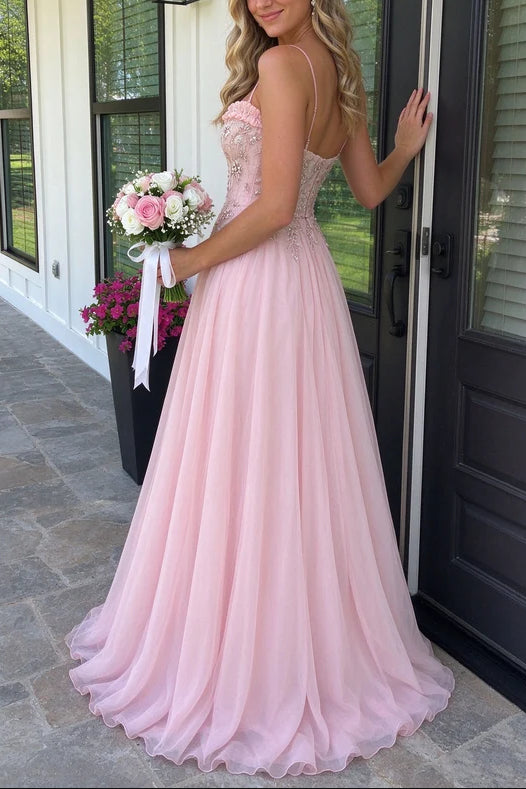 Chiffon A-Line Strapless Thin-Strap Zipper Beaded Long Prom Dress