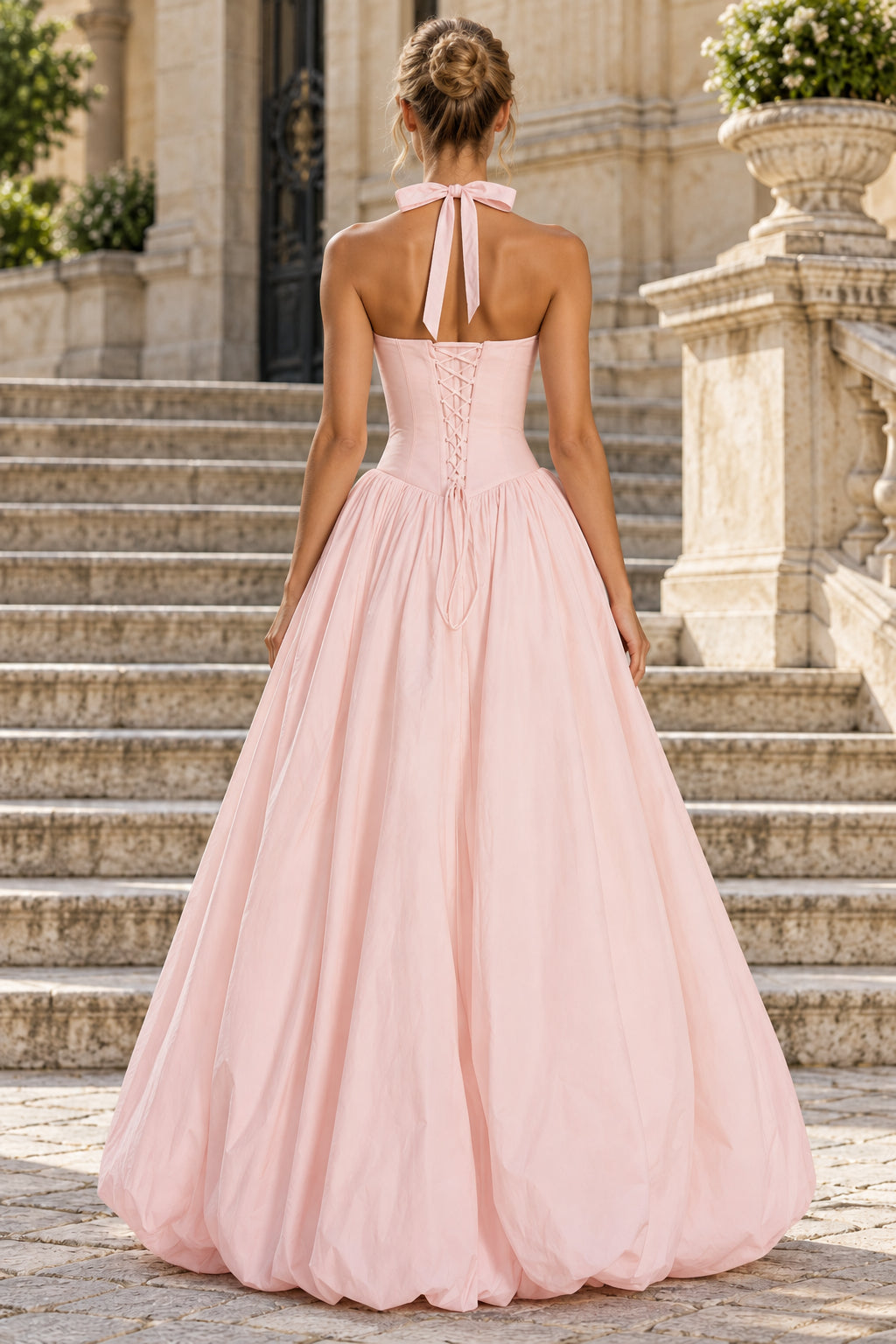 Poplin A-Line Halter Sleeveless Lace-Up Bow Long Prom Dress