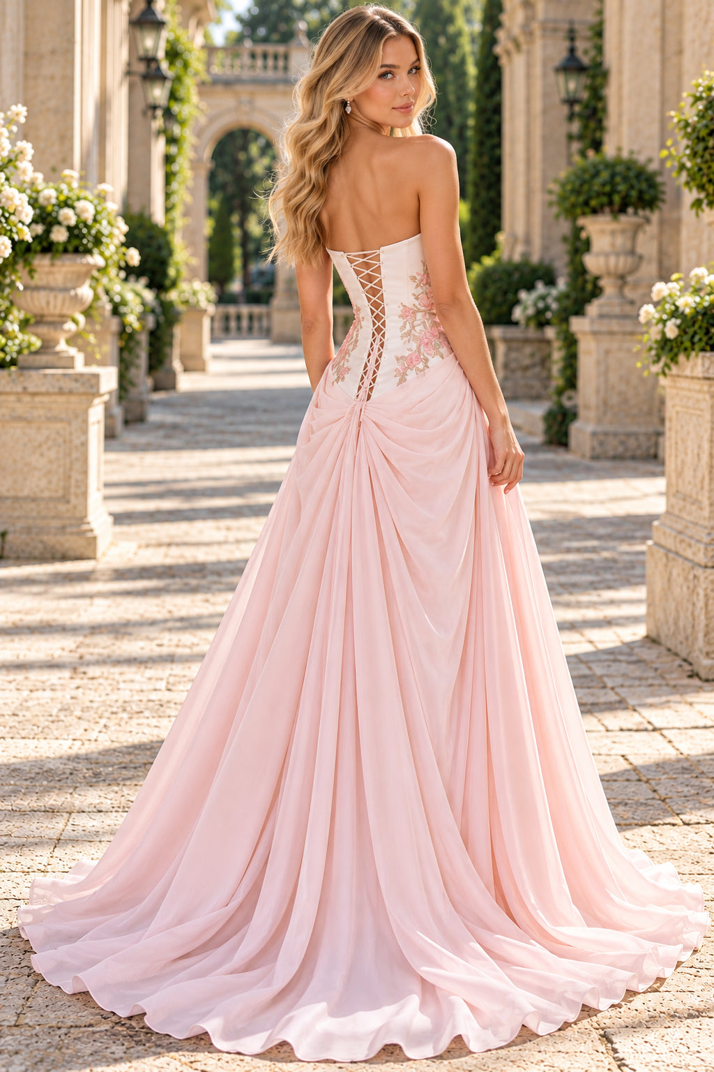 Blush Strapless Satin Chiffon Evening Dress With Floral Embroidery
