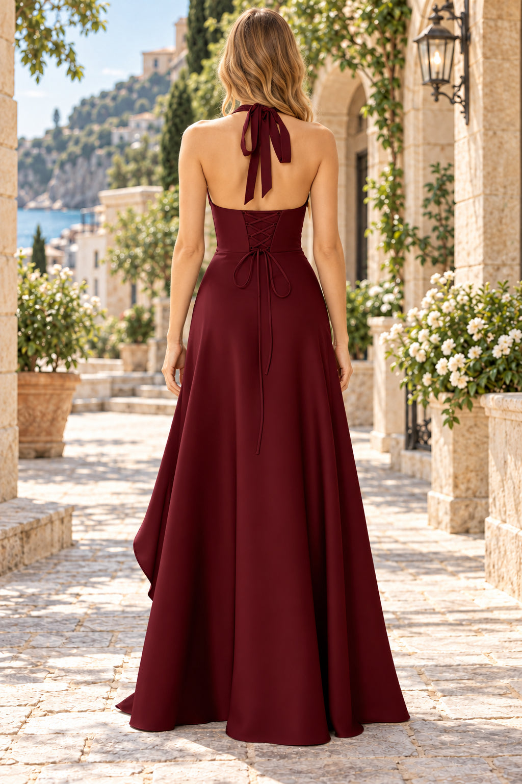 Burgundy A-Line Halter Deep-V Sleeveless Lace-Up Floor-Length Bridesmaid Prom Gown