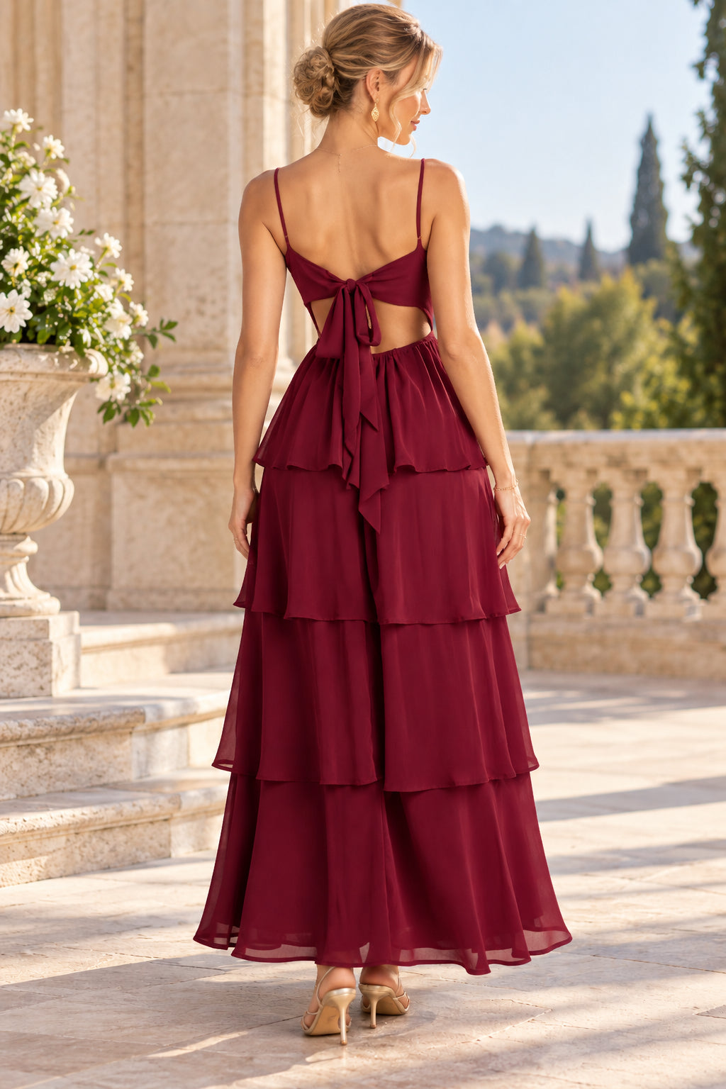 Burgundy A Line Square Neck Spaghetti Strap Tiered Chiffon Evening Dresses