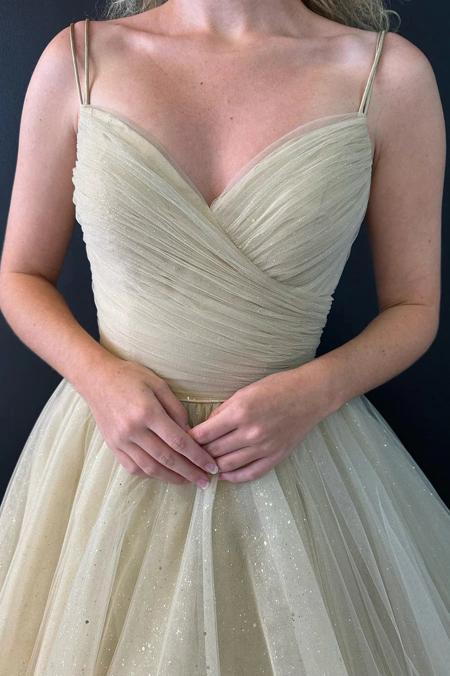 Champagne Surplice Lace-Up Long Formal Gown