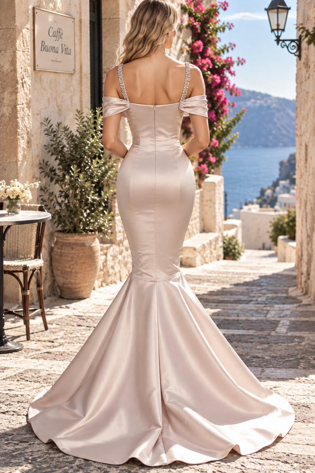 Champagne Mermaid Off Shoulder Beaded Strap Floor Evening Dresses