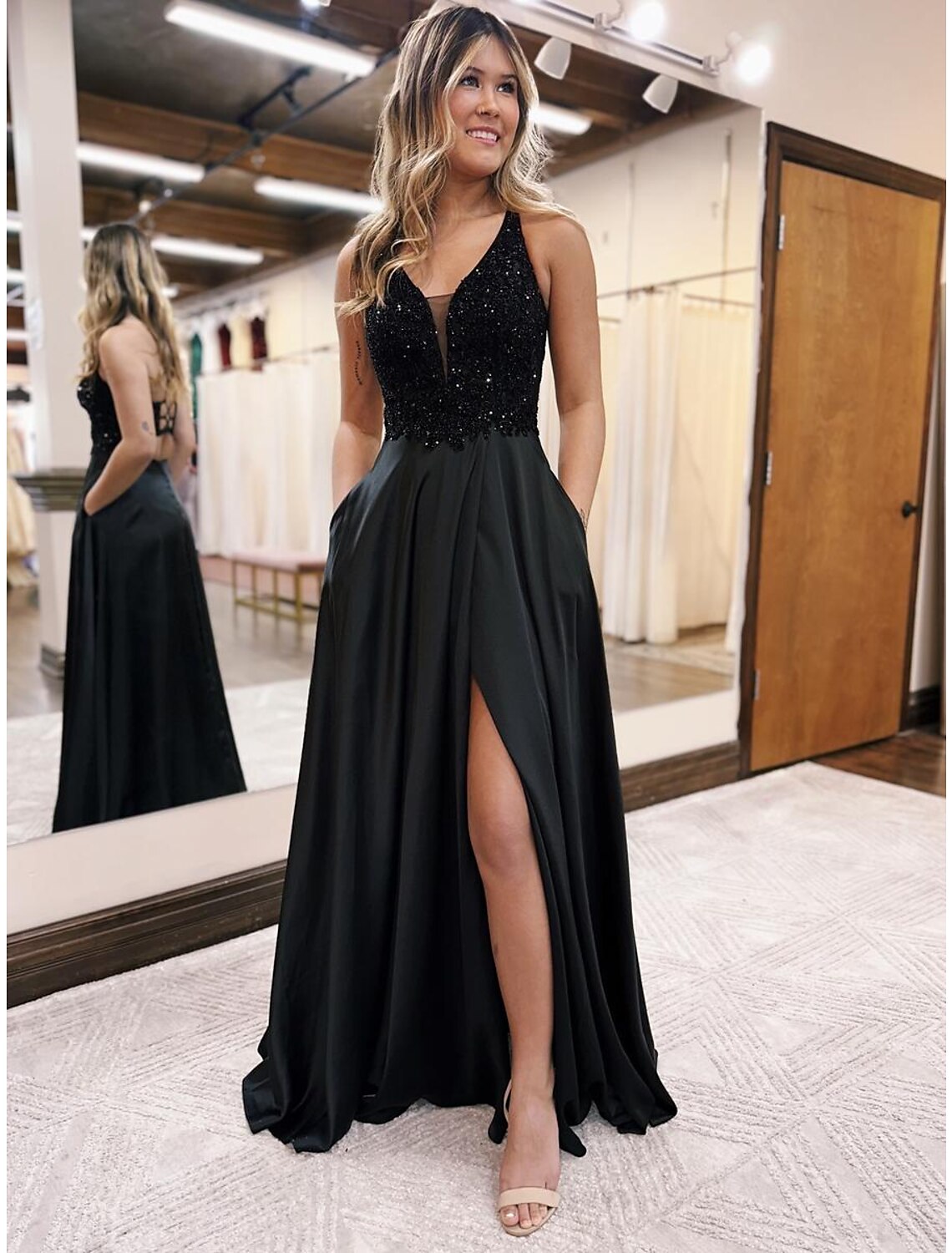 A-Line Evening Gown Empire Dress Formal Prom Floor Length Sleeveless V Neck Pocket Satin Backless with Beading Appliques A-Line Evening Gown Empire Dress Formal Prom Floor Length Sleeveless V Neck Pocket Satin Backless with Beading Appliques