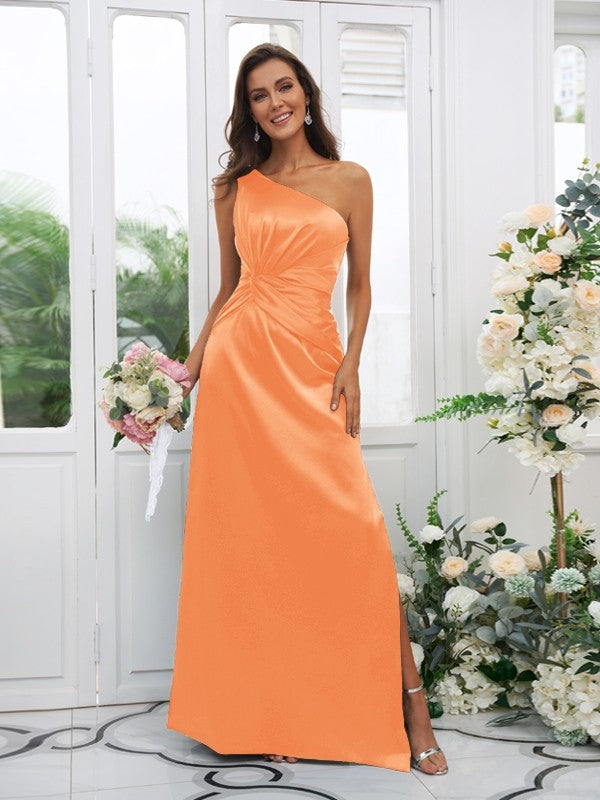 Sheath/Column Elastic Woven Satin Ruched One-Shoulder Sleeveless Floor-Length Bridesmaid Dresses
