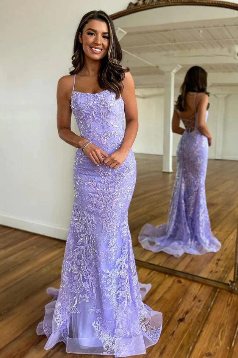 mermaid scoop prom dress Mermaid Scoop Neck Lilac Sequin Lace Long Prom Dresses – Koutun Dress